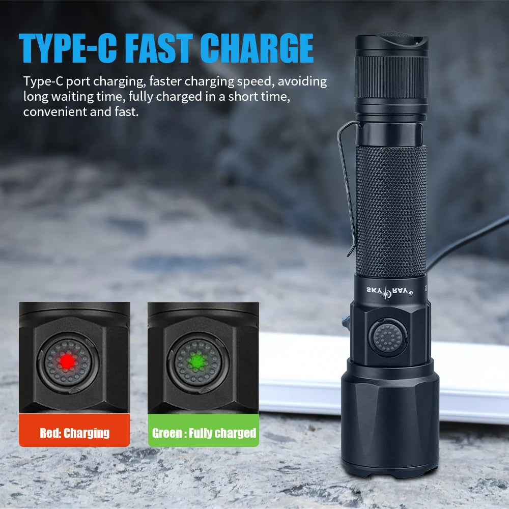 SKYRAY ST15 2500Lumen Tactical LED Flashlight Type-C Rechargeable LED Clip IP68 Waterproof 315M Light Range Camping Hiking Hunting Emergency Self Defense LED Torch US