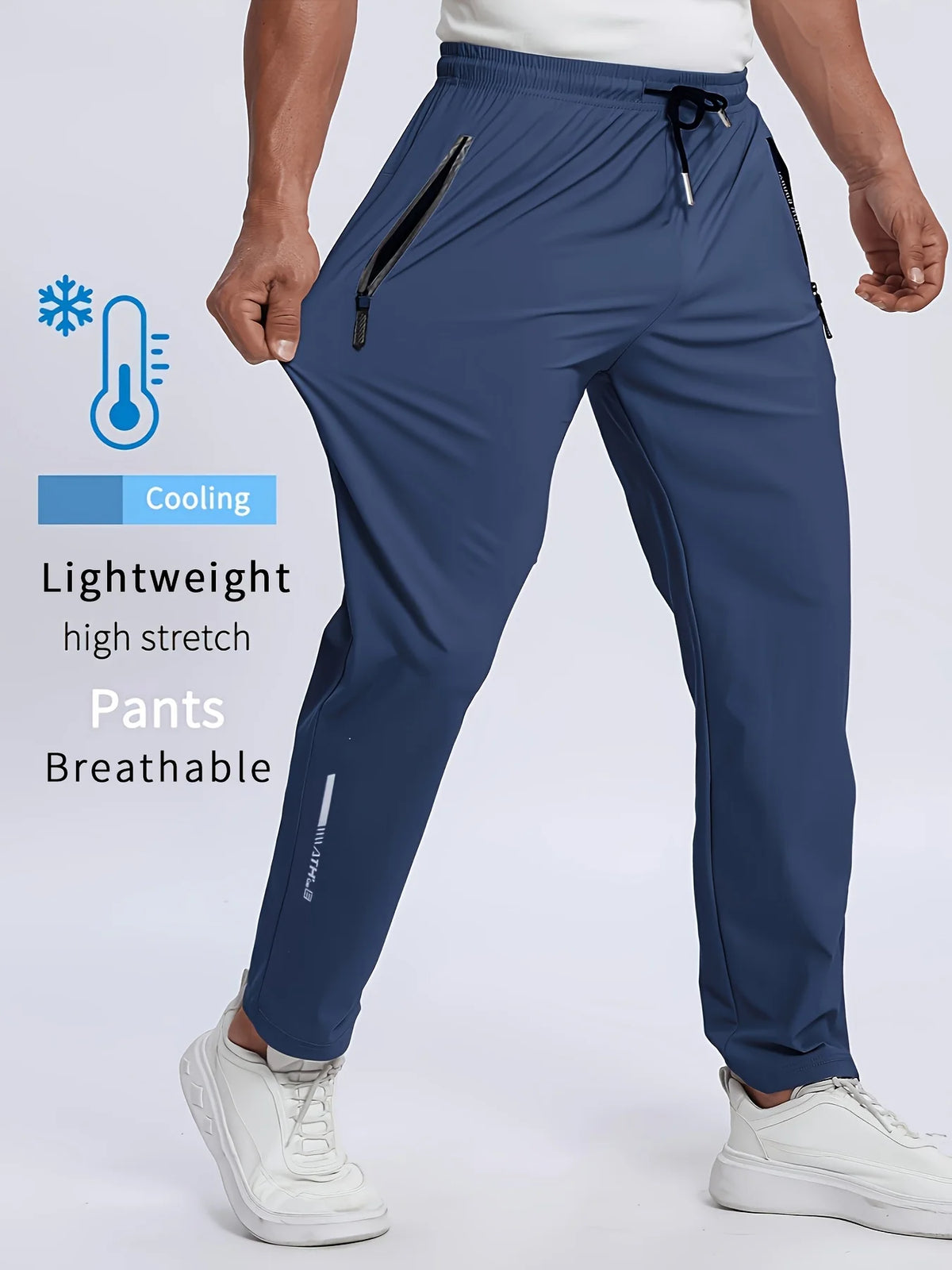 Men Breathable Quick Dry Sports Pants, Moisture Wicking Trousers with Reflective Print, Drawstring Pockets & Zipper Details, Outdoor Fitness Gym Casual Street Wear
