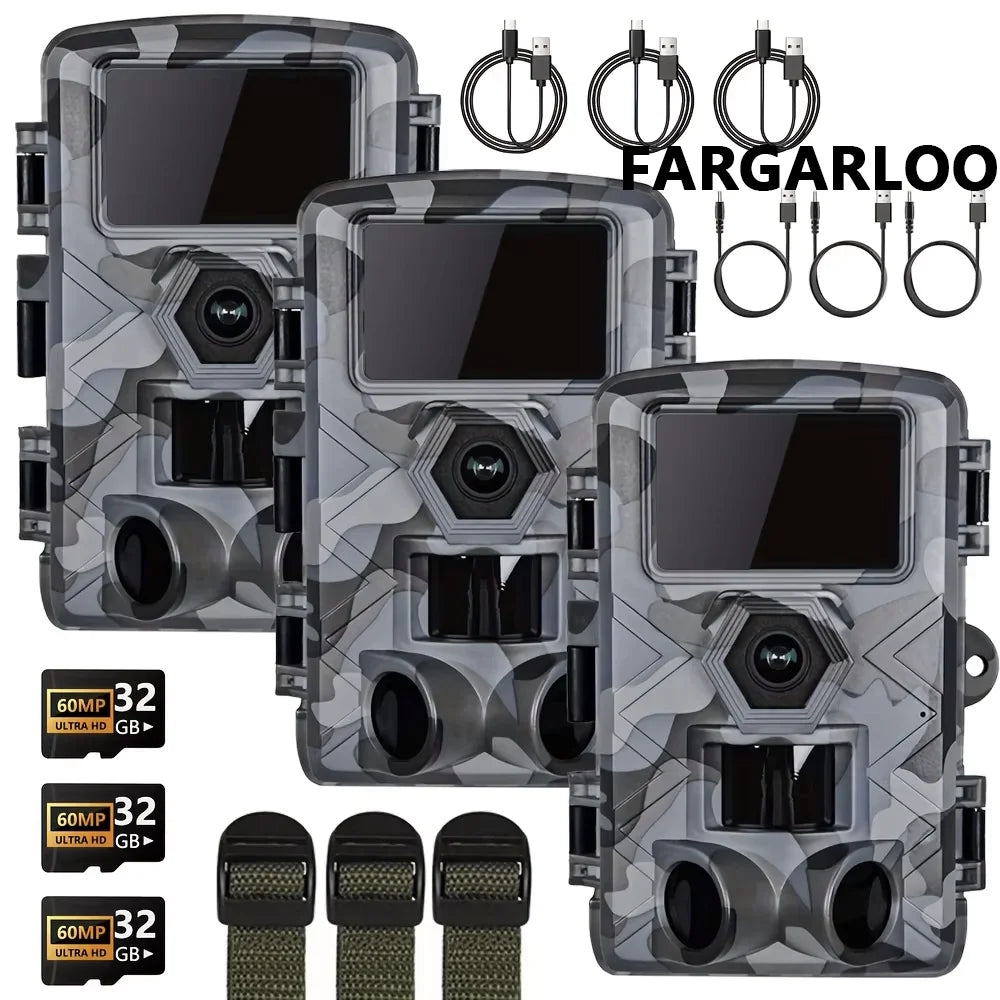 3PCS Trail Camera with WiFi and APP Control, 60MP Hunting Camera, Motion Activated Night Vision, IP66 Waterproof, 120° Wide Angle with 32GB TF Card for Wildlife Monitoring