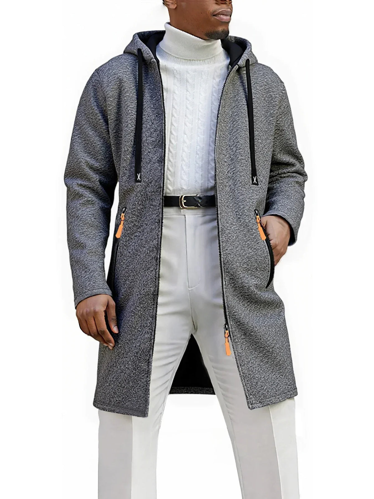 2Pcs Set Men Mid-Length Full Zip Hooded Jacket Fleece Lined Warm Coat with Drawstring Hood & Zipper Pockets Casual Outerwear for Fall Winter Daily Wear