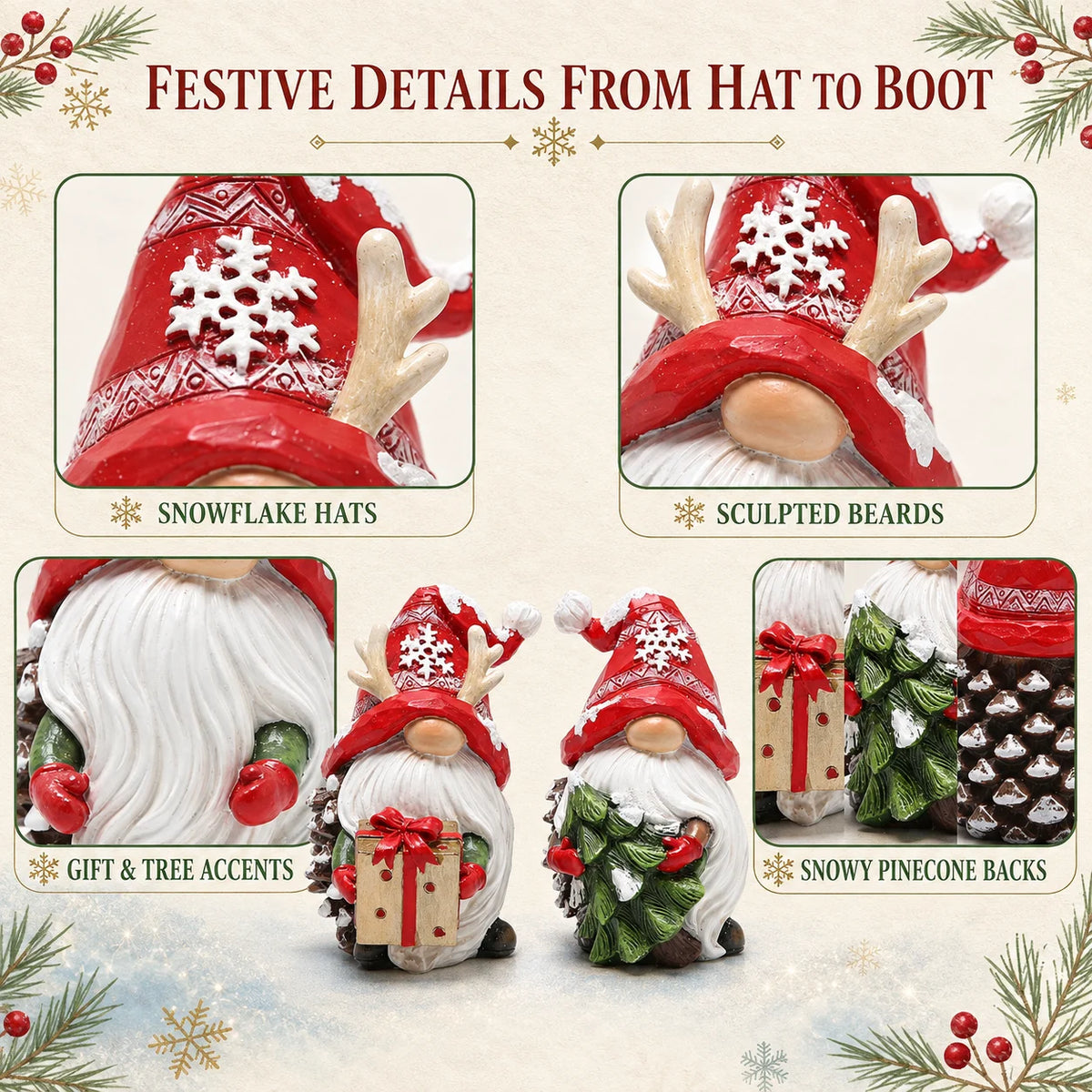 HODAO Resin Christmas Gnome Figurine Set, 2-Piece Nordic Tomte Pinecone Gnomes with Red Snowflake Hats, Reindeer Antlers, White Beards, Gift Box and Christmas Tree, Collectible Winter Tabletop Shelf Fireplace Mantel Decor, Ru