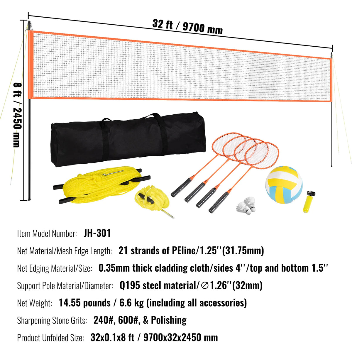 SucceBuy Outdoor Volleyball & Badminton Set Adjustable Steel Poles Professional Combo Set with Carrying Bag for Backyard Beach