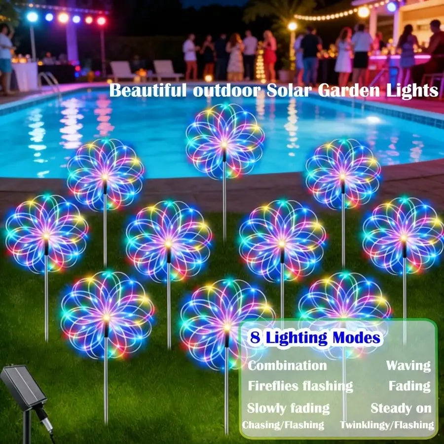 Set of 8 Solar-Powered LED Firework Garden Lights, 8 Lighting Modes, IP65 Rated, Ideal for Patios, Sidewalks, Camping, Parties, Weddings, Halloween, And Gatherings | Spectacular Display Lights | Durable Solar Lights | Summer