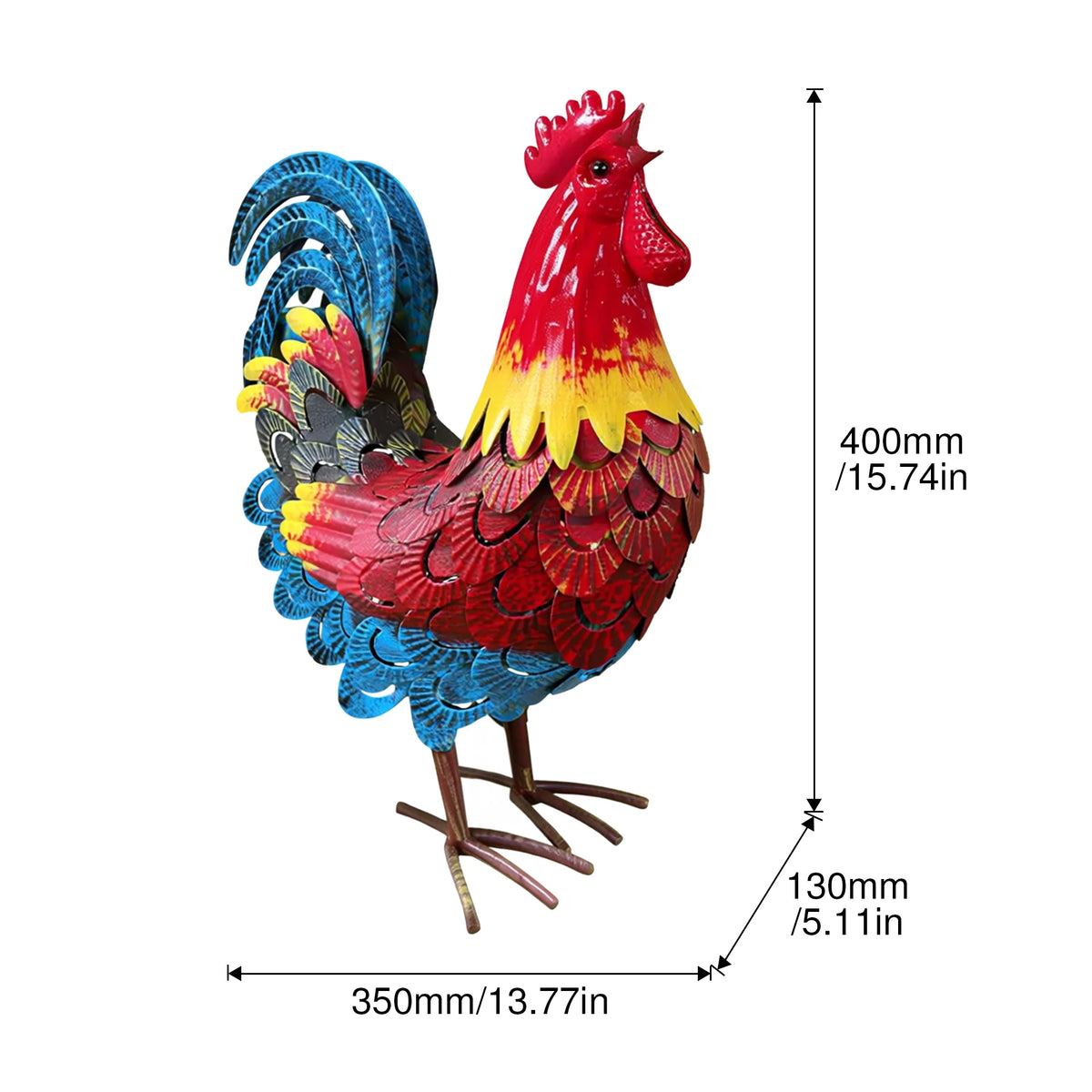 Wrought Iron Rooster Garden Statue, Weatherproof Metal Poultry Sculpture, Rust Resistant Farmhouse Yard Decor for Lawn Patio
