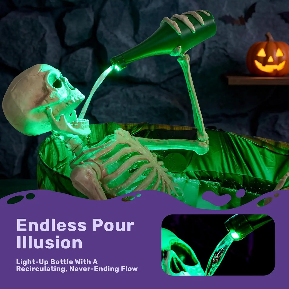 Halloween Outdoor Decoration, 5ft Life-Size Animatronic Drinking Skeleton Haunted Prop with Endless Liquid Pouring Effect, Green LED Lights and Spooky Sounds for Garden Yard Lawn
