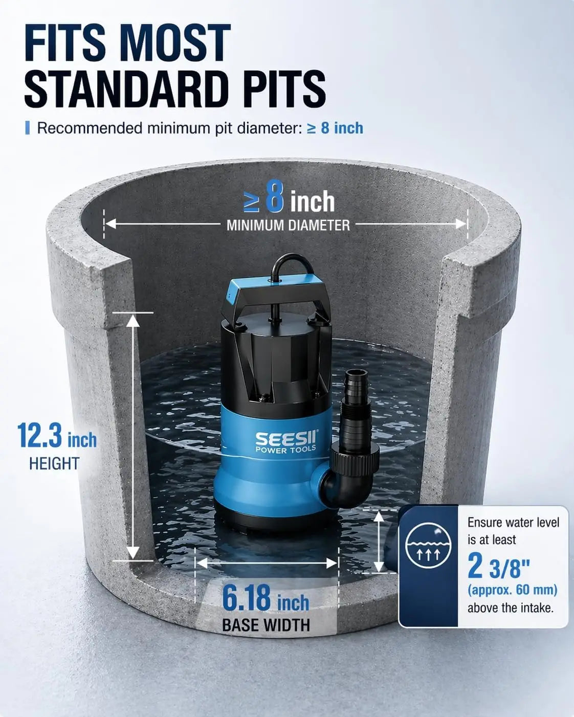 SEESII 1HP Submersible Water Pump Sump Pump for Swimming Pool 4755 GPH High Flow With 23ft Hose Anti-Clogging Filter Bag,Hot Tub, Pond, Flooded Basement, Rooftop, Garden Water Removal