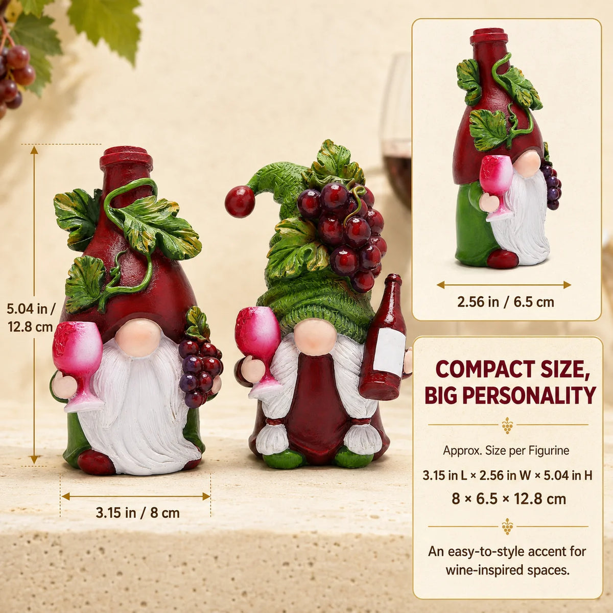 Hodao Wine Lover Gnome Statue Pair, Resin Figurines with Burgundy Bottle Hat, Green Grape Cap, Pink Goblets, Leaf Accents and White Beards, Whimsical Collectible Home Bar Decor for Kitchen Countertop, Winery Shelf, Hostess, B