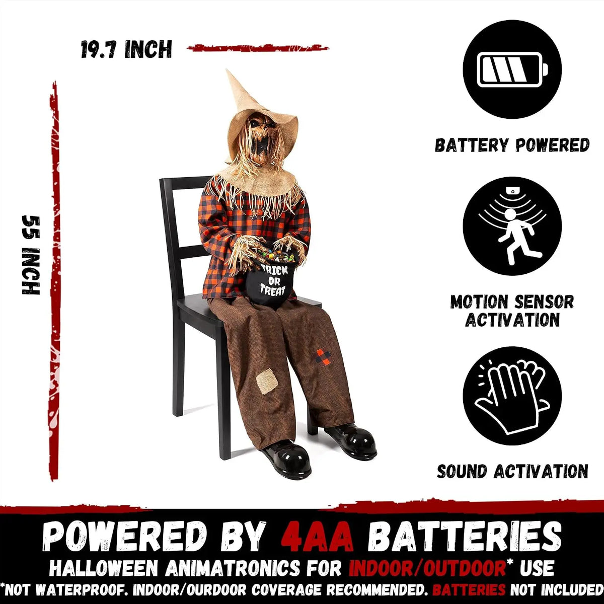 55'' Scary Halloween Animatronic Sitting Scarecrow with Candy Bag, Sound & Motion Activated Jumpscare Prop, Lighted Eyes, Creepy Sounds, Outdoor Haunted House Decoration