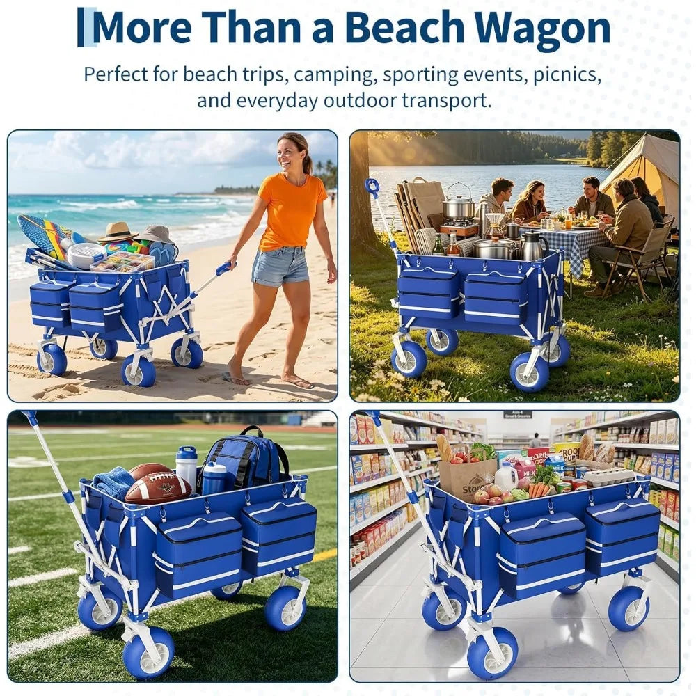 Heavy Duty Beach Wagon Cart 460 Lbs Capacity 9" All-Terrain Wheels Foldable Cart with Adjustable Handle 600D Oxford Fabric for Sand Camping Sports Garden