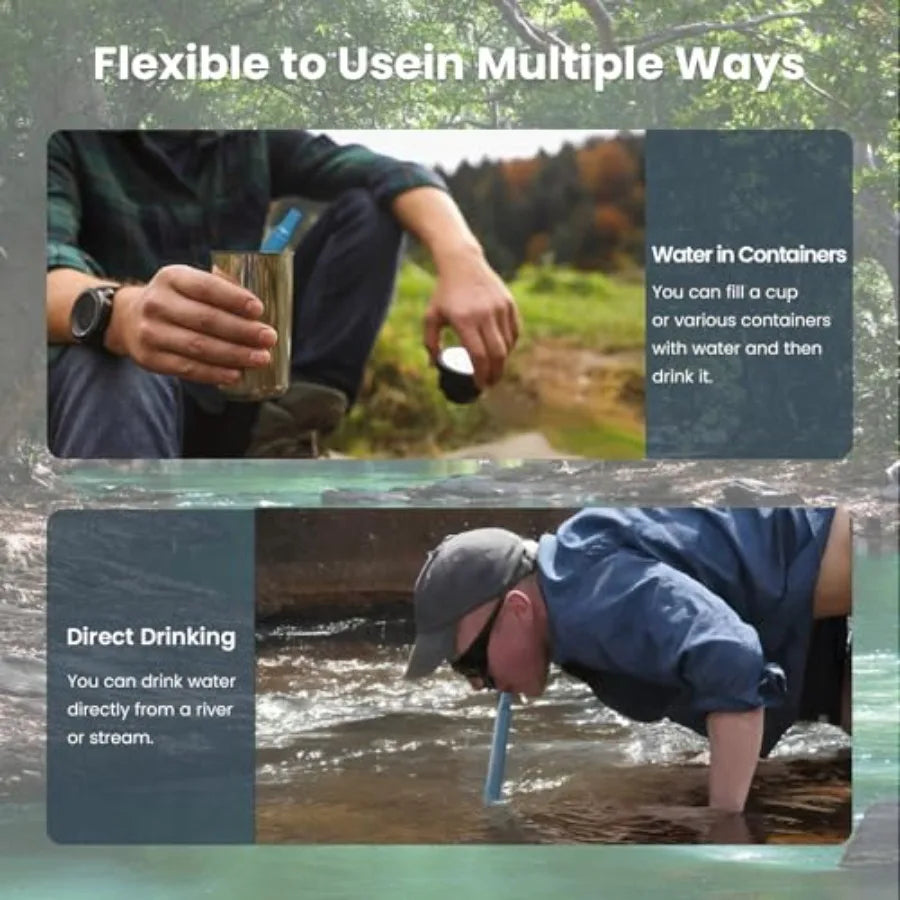 Portable water filter straw for camping, hiking, travel, biking, and emergency use; food-grade plastic; black; filters 99.9999