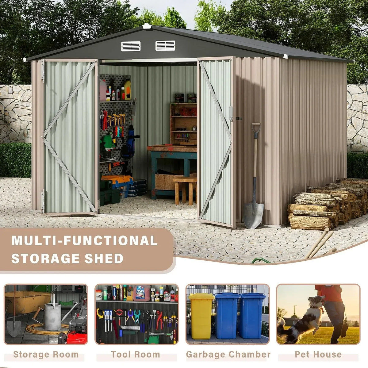 Outdoor Metal Storage Shed 8x10FT with Lockable Door & Ventilation System, Large Garden Tool Shed for Backyard Patio, Weather Resistant Storage House for Lawn Equipment Tools