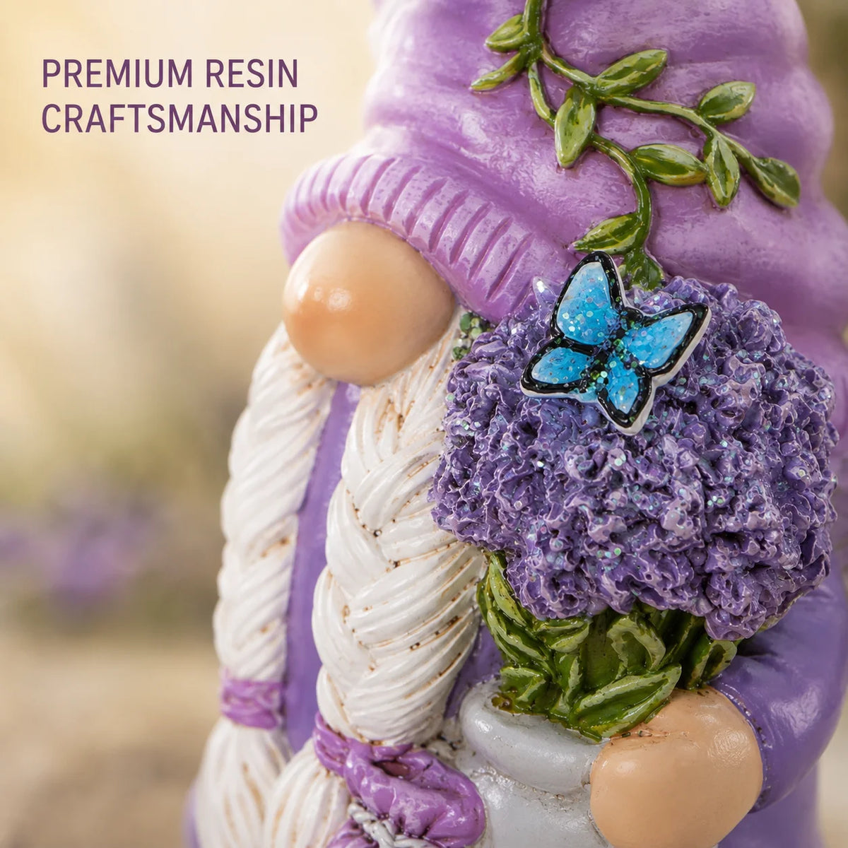 Hodao Lavender Dream Hydrangea Gnome Collectible Figurine, Resin Swedish Tomte Elf Dwarf with Braided White Hair, Butterfly Accents, Vine Hat and Potted Flowers, Spring Summer Garden Tabletop Decor for Shelf Mantel Desk Indoo