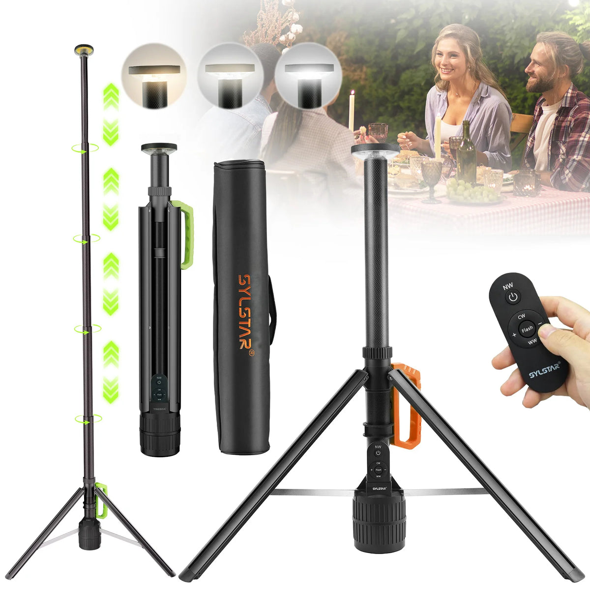360° Rechargeable Work Light with Remote &Telescopic Stand (8.4Ft), 3000LM Ultra Bright 3CCT Dimmable, 5 Height Adjustments,6000mAh Battery, Portable Camping Light for Jobsite Sports