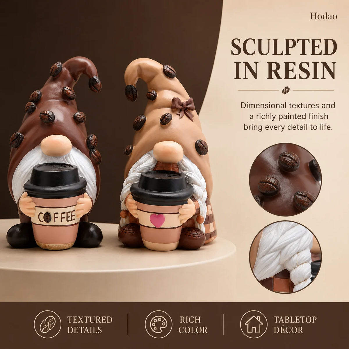 Hodao Resin Coffee Gnome Figurine Set Hand-Painted Cafe Couple with Bean-Decorated Hats, Takeaway Cups, Collectible Tabletop Accent for Kitchen Counter, Tiered Tray, Office, Dining Room, Housewarming Gift, Barista Lover Decor