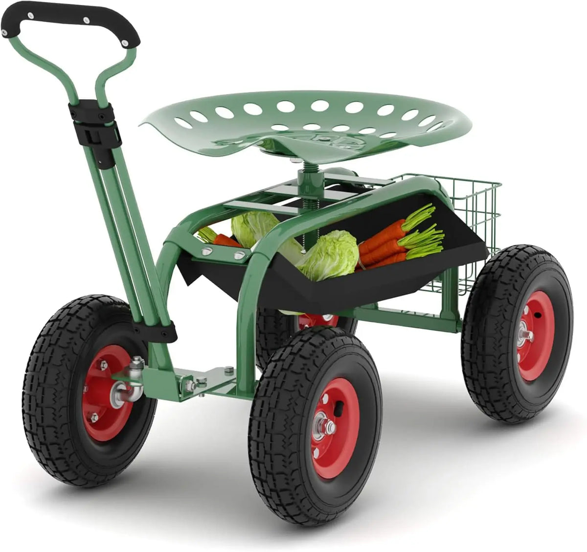 Tacleekii Garden Cart Sturdy Metal Utility Wagon Garden Rolling Stool with Wheels, Outdoor Garden Cart with Seat on Wheels Gardening Cart with Tool Tray, & Steering Handle, for Easy Planting and Yard Work