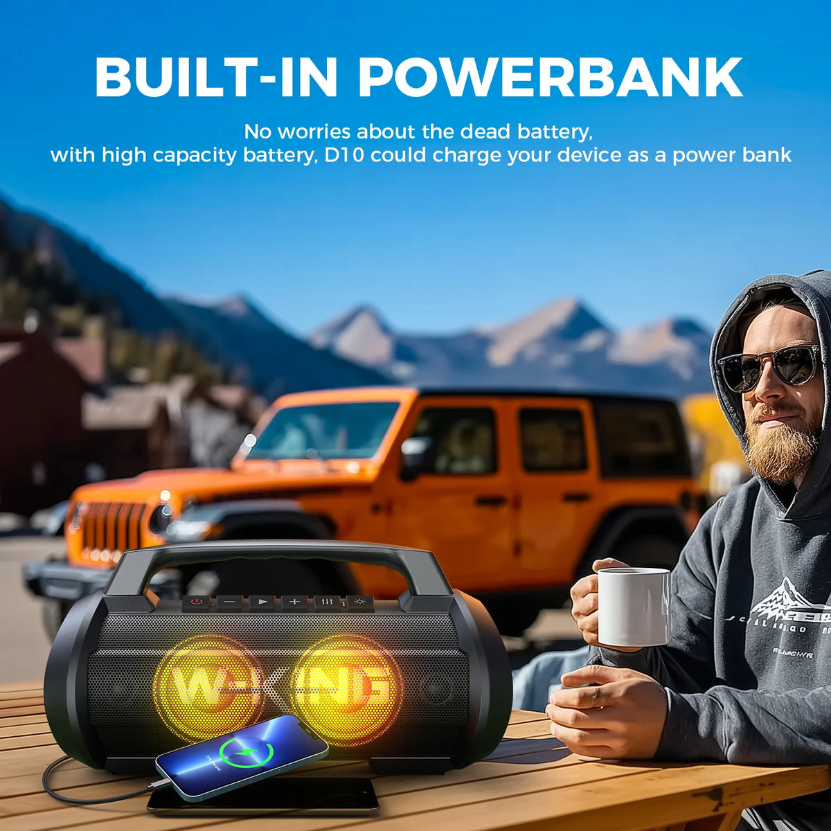 W-KING D10 120W MAX Bluetooth Speaker, IPX6 Waterproof Portable Music Box Wireless with 70W Deep Bass/Hi-Fi Audio/42H Play/LED Lights/MAC-in/Power Bank/TF/AUX, Outdoor Loud Big Boombox for Travel, Party, Home