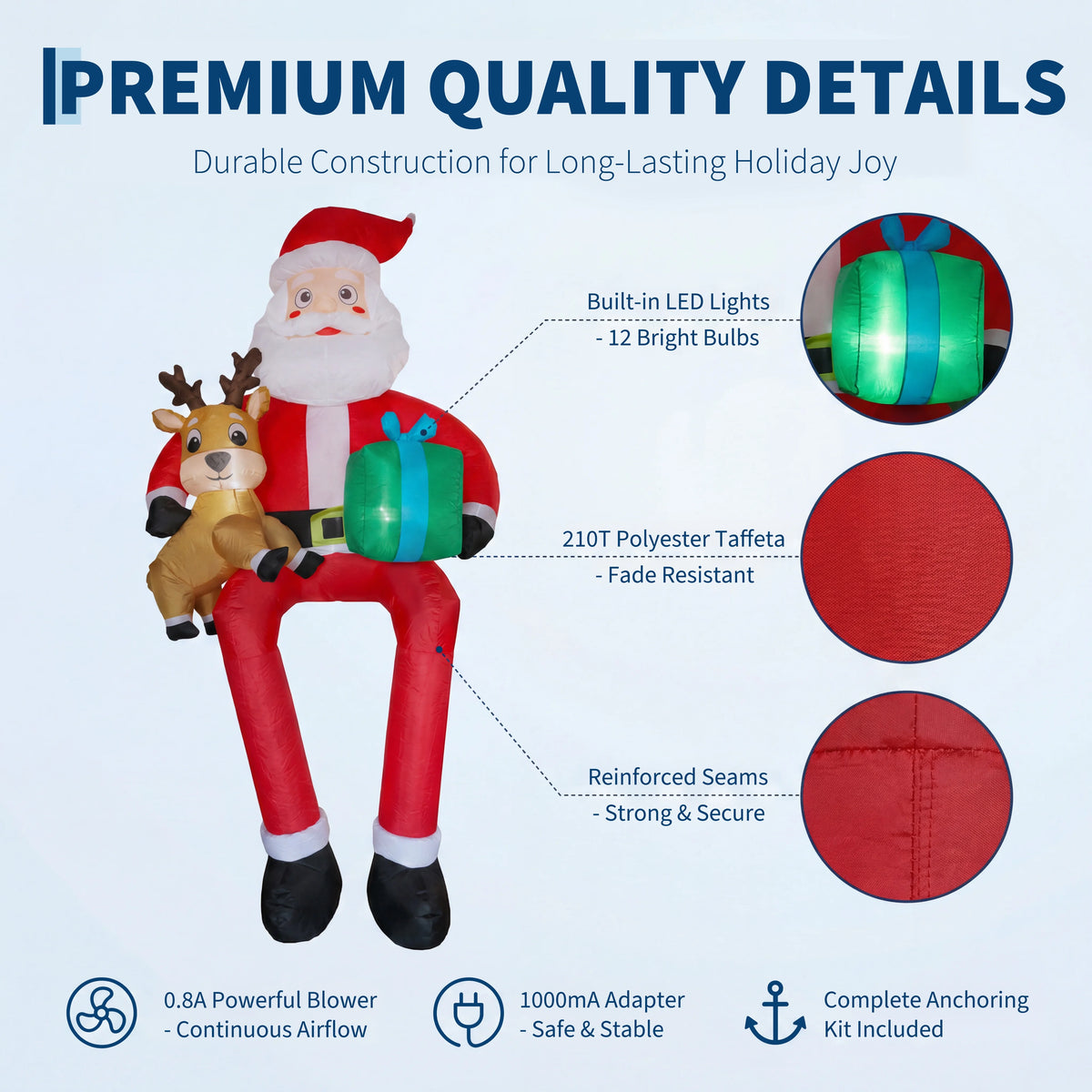 9.5ft Christmas Inflatable Sitting Santa with Reindeer Outdoor Blow Up Yard Decoration Built In LED Lights Lawn Garden Roof Display Holiday Party Winter Festival Home Decor