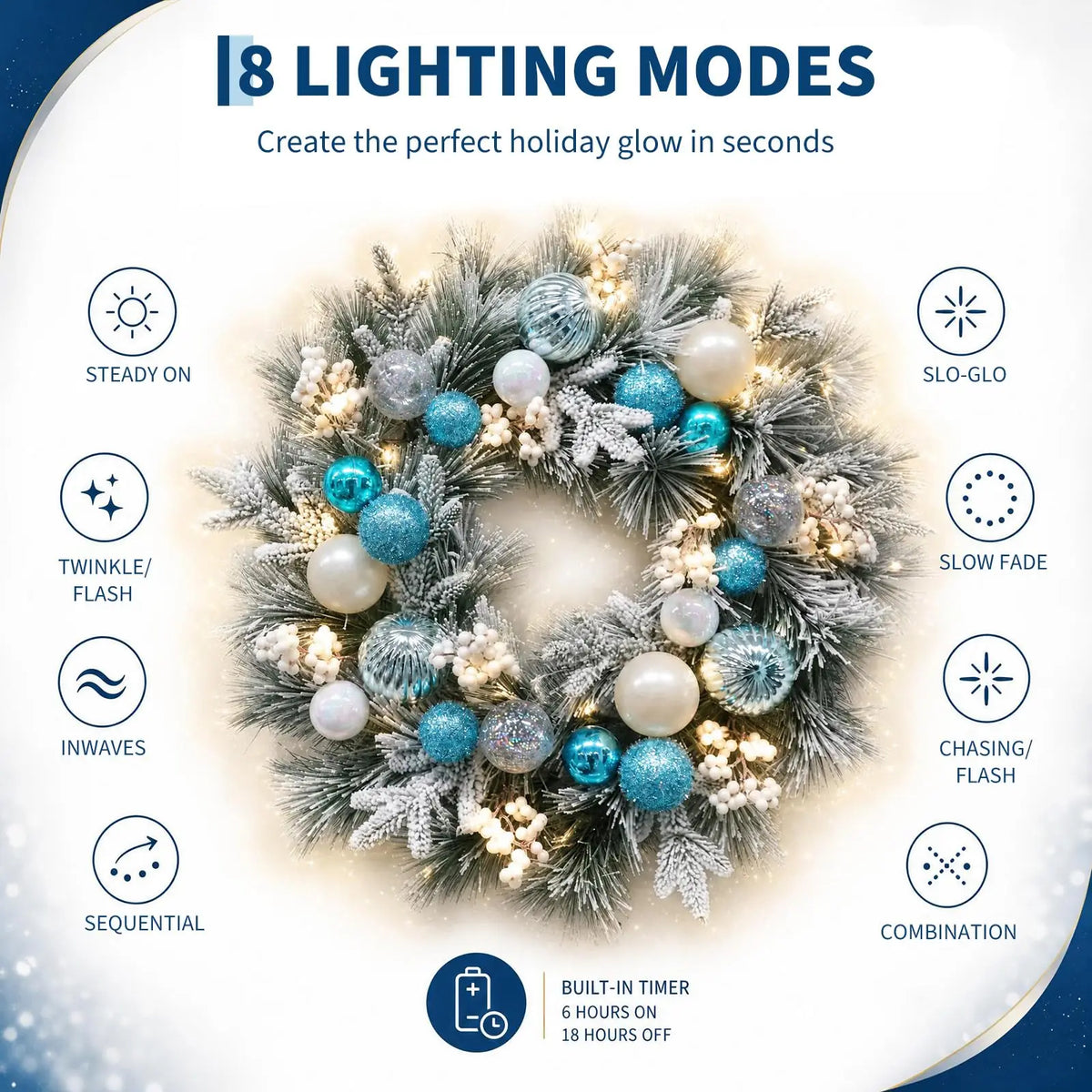 24 Inch Flocked Blue Christmas Wreath For Front Door, 20 Warm LED Lights, 8 Modes & Timer, Battery Operated, Snowy Pine & White Berries