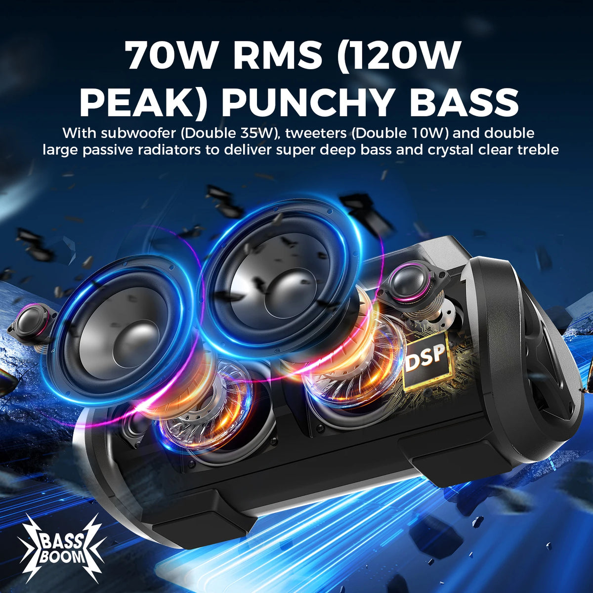 W-KING D10 120W MAX Bluetooth Speaker, IPX6 Waterproof Portable Music Box Wireless with 70W Deep Bass/Hi-Fi Audio/42H Play/LED Lights/MAC-in/Power Bank/TF/AUX, Outdoor Loud Big Boombox for Travel, Party, Home