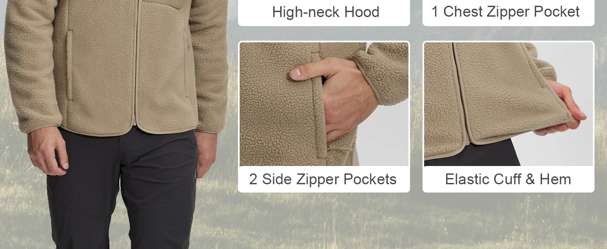 Pioneer Camp Polar Fleece Warm Jacket Men's Winter Hood Chest Pocket Winter Warm Clothing Thick Outwear Coat Hiking Climbing