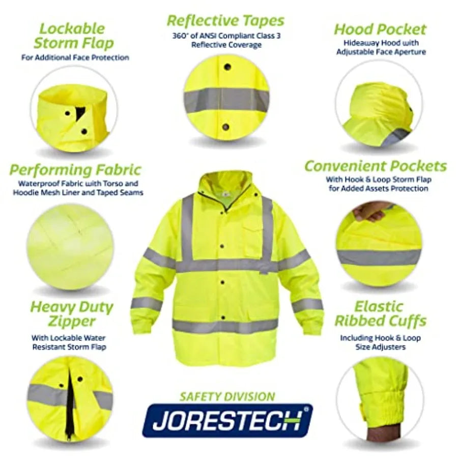 Hi-Visibility Waterproof Rain Jacket with Mesh Lining, ANSI/ISEA 107-2015 Class 3 Type R, Lightweight Wind-Resistant Safety Jac