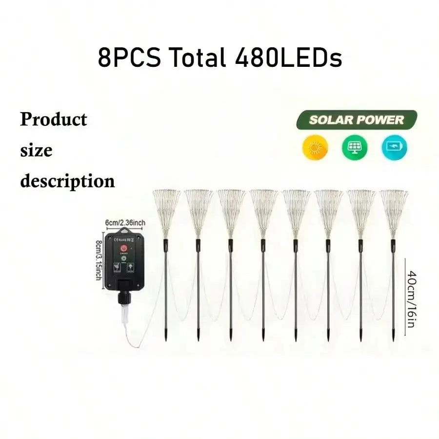 Set of 8 Solar-Powered LED Firework Garden Lights, 8 Lighting Modes, IP65 Rated, Ideal for Patios, Sidewalks, Camping, Parties, Weddings, Halloween, And Gatherings | Spectacular Display Lights | Durable Solar Lights | Summer