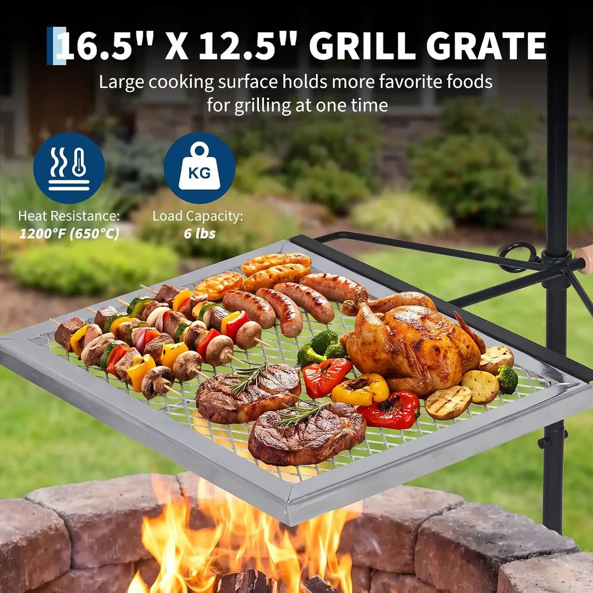 Tacleekii Swivel Campfire Grill 16 X 13 in  Adjustable Diamond Mesh Cooking Surface Detachable Pole Design, Storage Bag, for Fire Pits, Camping, Picnics and Outdoor Cooking