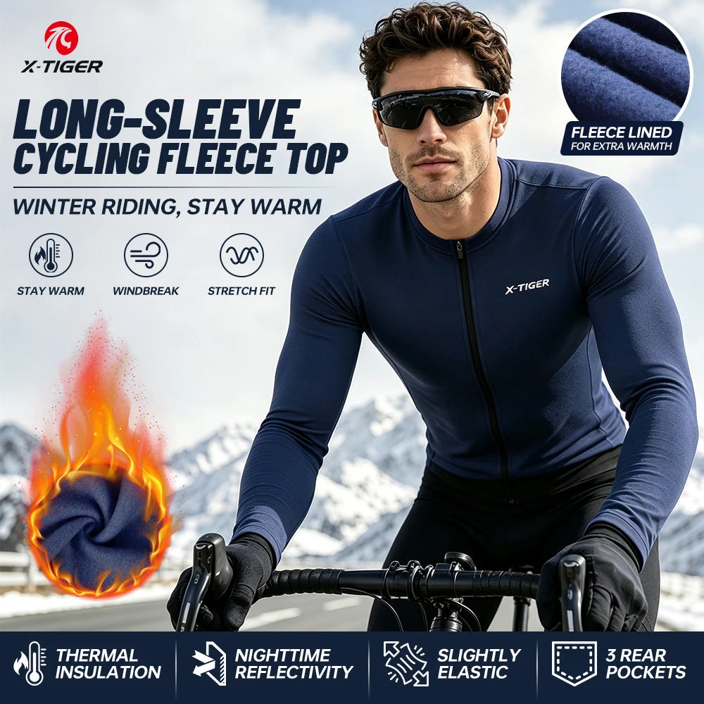 X‑TIGER Thermal Fleece Long Sleeve Cycling Jersey Fit Wind Resistant Full Zip Bike Jersey With Rear Pockets For Men Winter Warm MTB Road Cycling Clothing