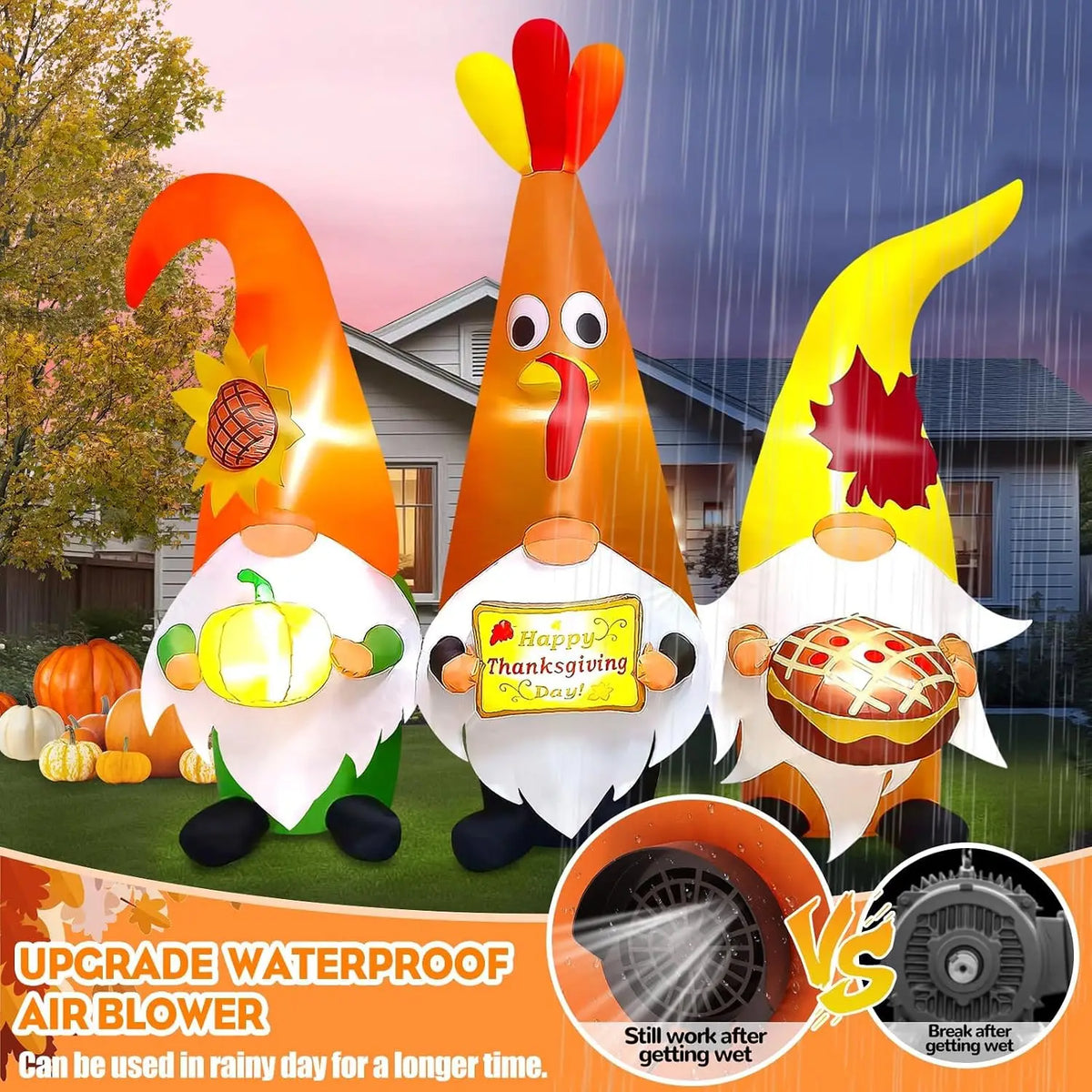 7FT Thanksgiving Day Inflatable Gnome Trio with LED Light, Fall Harvest Outdoor Decoration, Blow-Up Yard Inflatable for Lawn, Home, Autumn Holiday Party