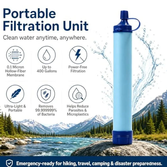 Emergency water filter straw for camping, hiking, travel, survival, biking; food-grade silicone and ABS plastic; black; filters