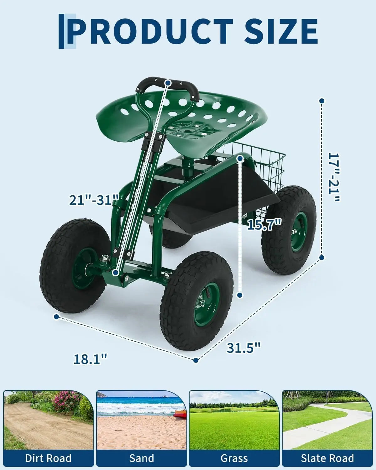 Rolling Garden Cart with Seat Garden Workseat with 360-Degree Swivel Height Adjustable Rolling Garden Stool Extendable Handle for Lawn Patio