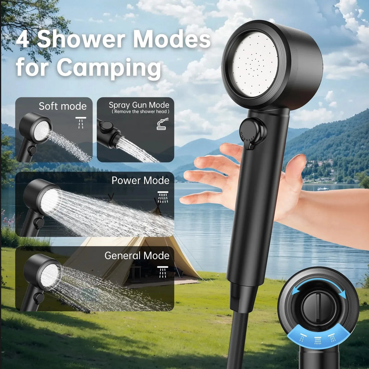 Portable Camping Shower 7800mAh Rechargeable Pump with Digital Display, 4 Water Modes, Bath Sponge, Hiking Travel Car Wash Pet