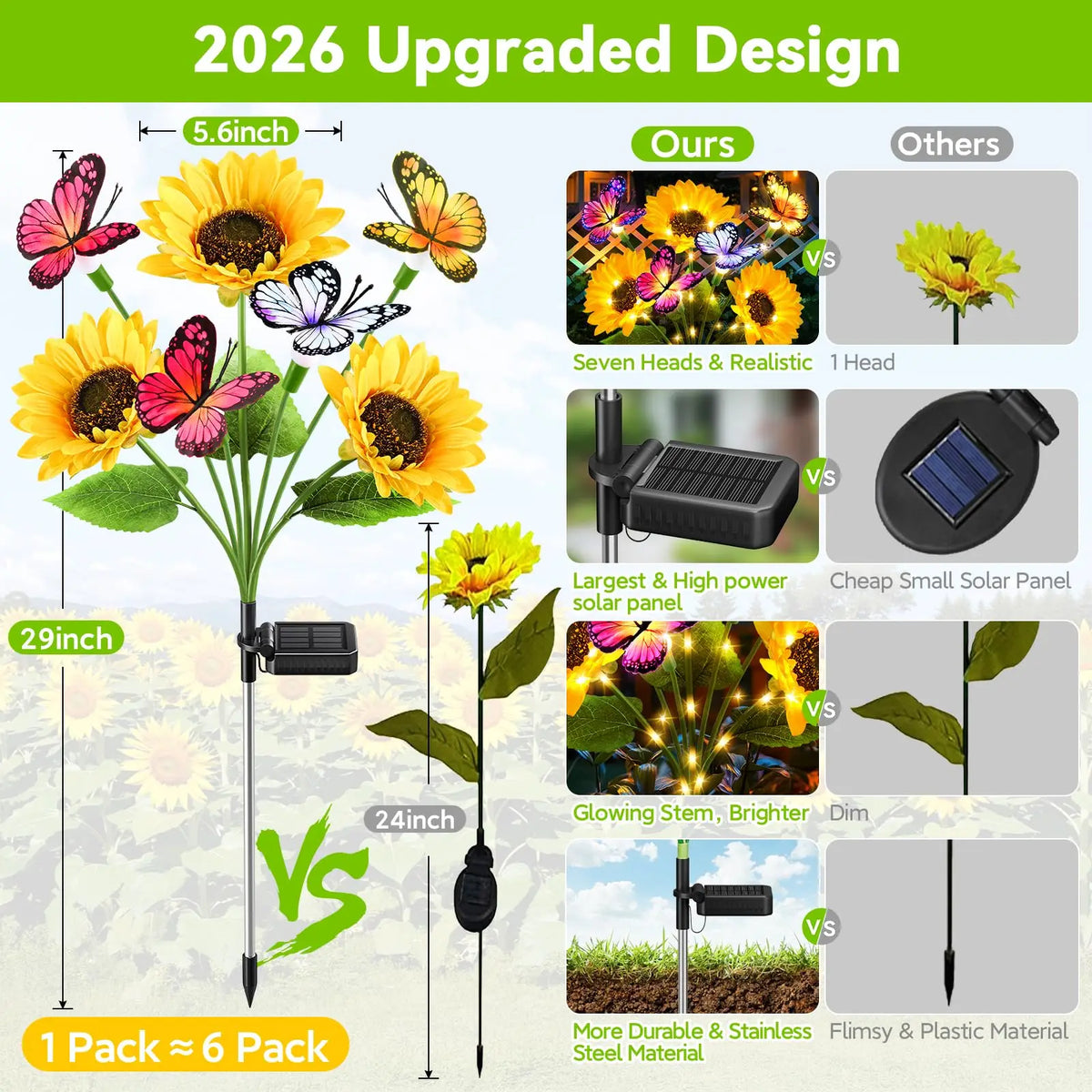 Upgraded 2/4 Pack Solar Garden Lights Outdoor Decor Solar Sunflower Lights with 16 Butterflies Waterproof Solar Flowers for Yard Lawn Garden Decor Sunflower Gifts for Mom Women Grandma