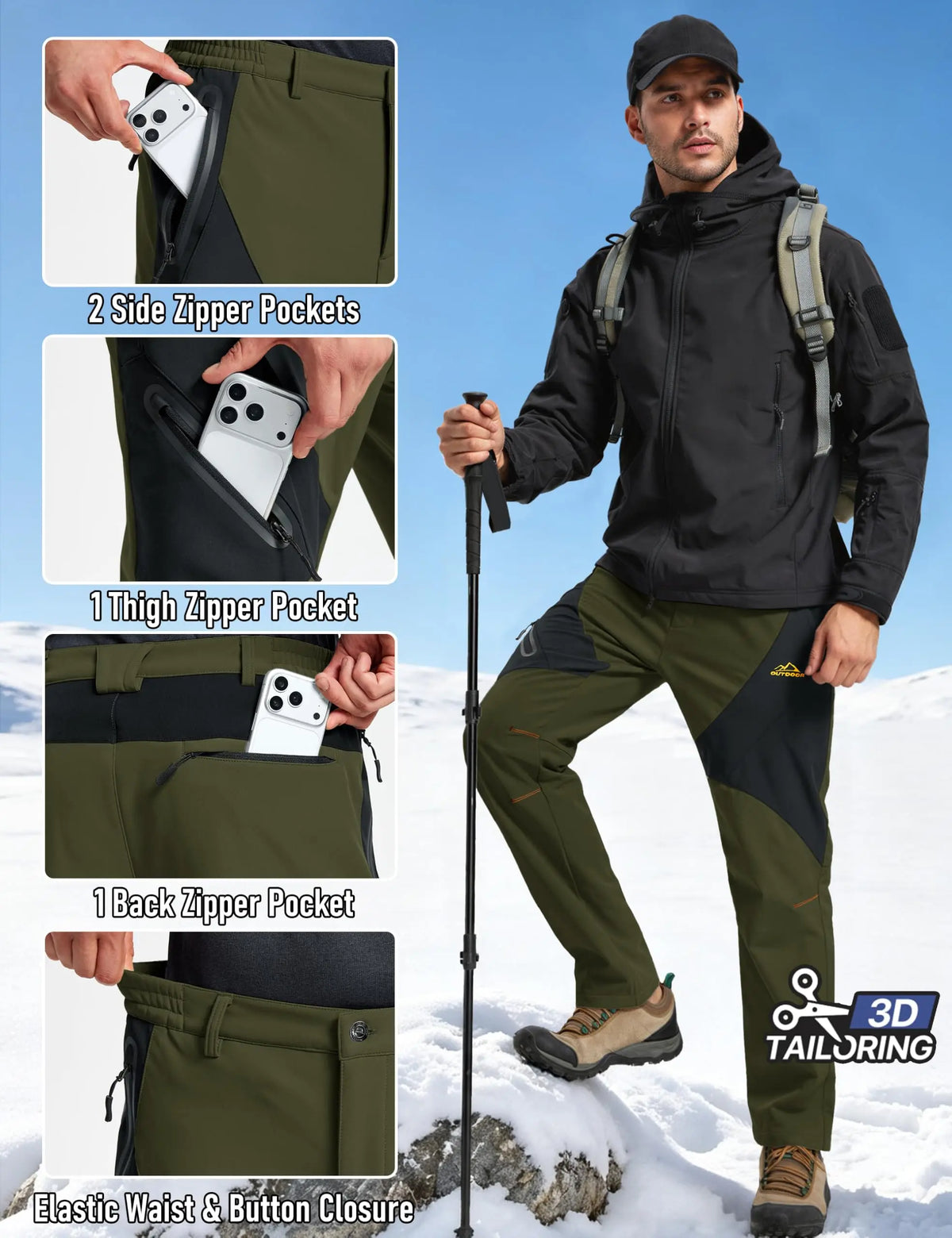 Men's Waterproof Insulated Snow Pants Winter Work Trousers Fleece Lined Windproof Outdoor Pants with 4 Zipper Pockets