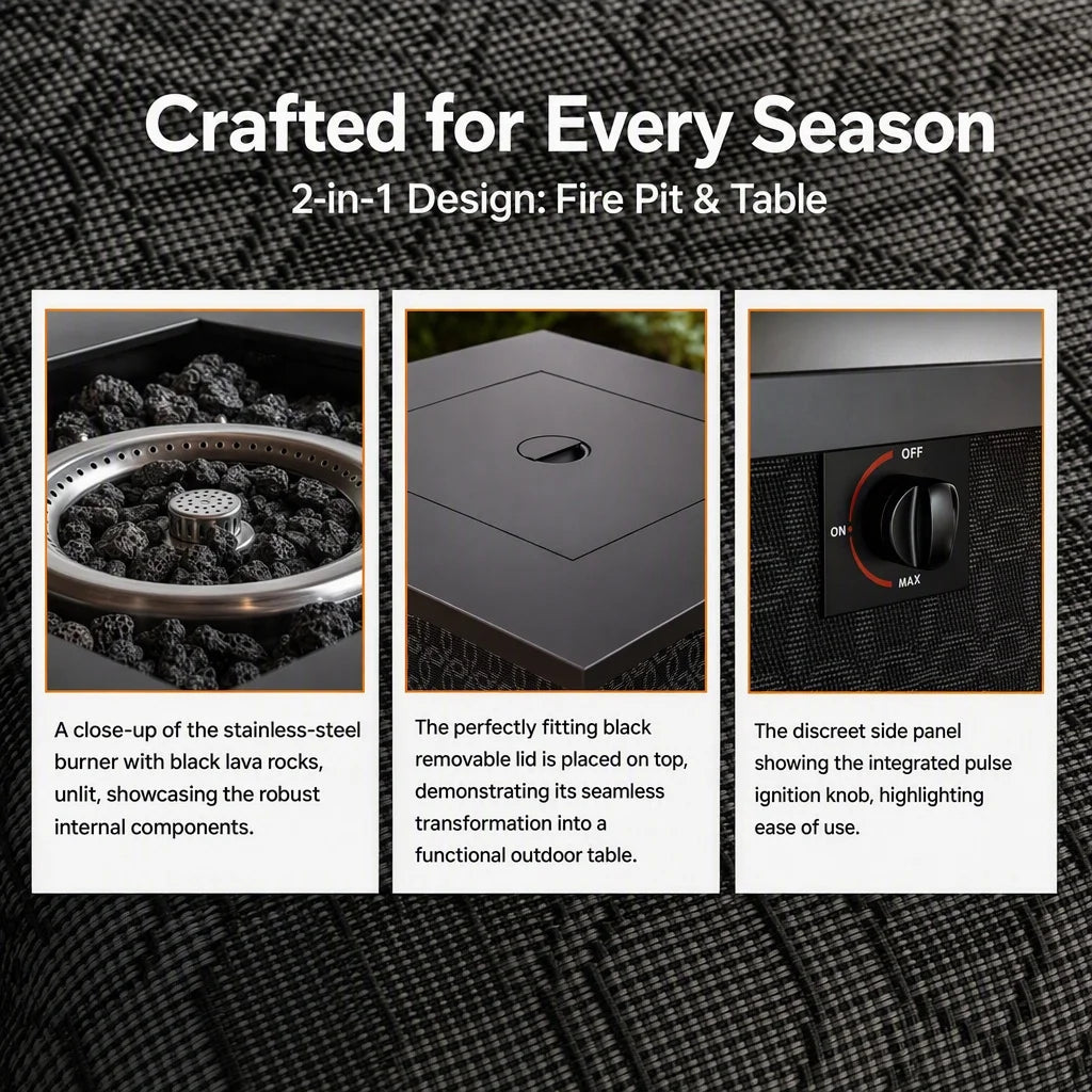28 Inch Round Propane Fire Pit Table, 50,000 BTU CSA‑Certified Outdoor Gas Fire Pit with Removable Lid & Lava Rocks, 2‑in‑1 Fire Table for Patio Backyard Garden Party