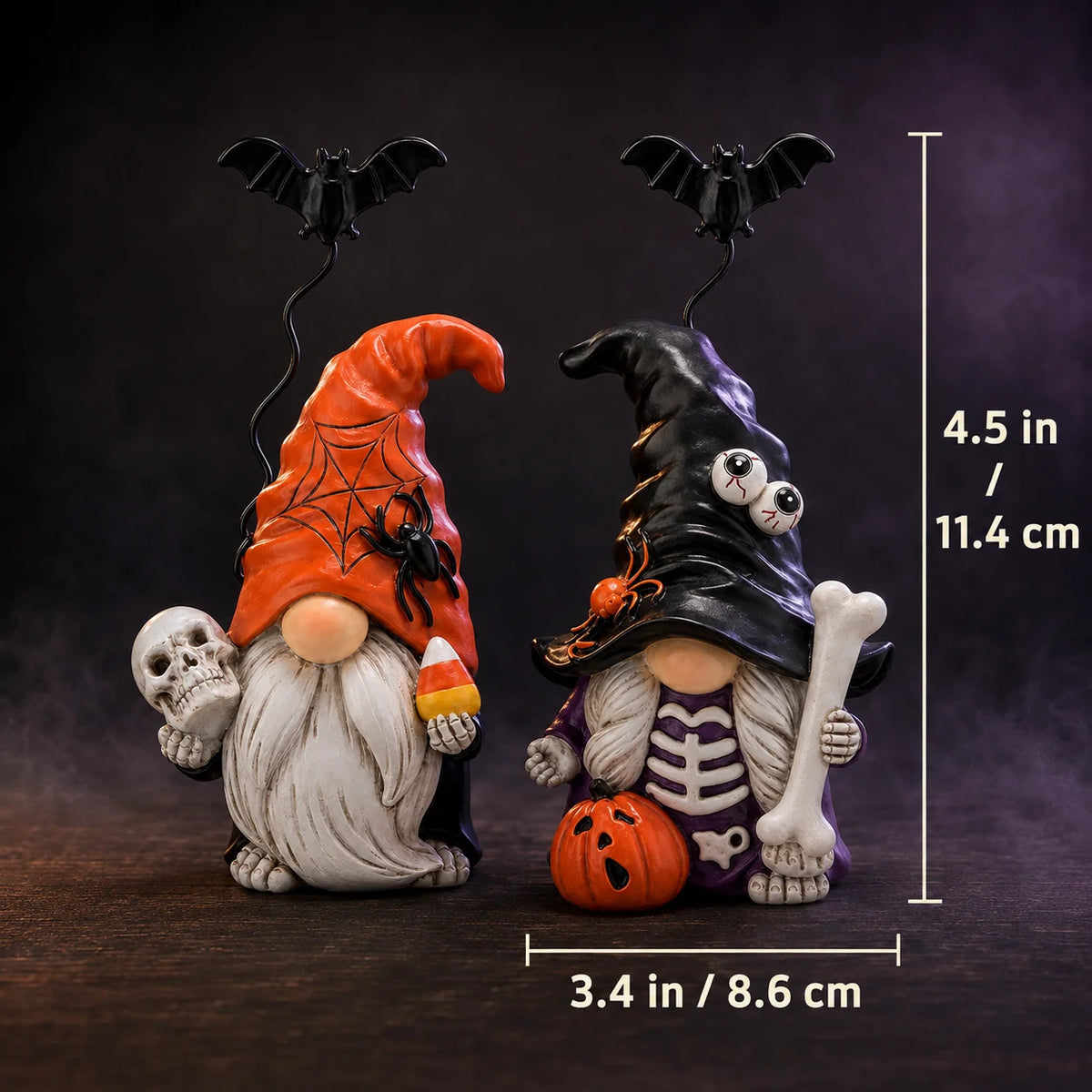 Hodao Resin Halloween Gnome Figurine Set, 2-Piece Pumpkin and Witch Gnome Decor with Spring-Loaded Flying Bat Topper, Skeleton Chest, Skull, Pumpkin and Candy Corn Details,Cute Creepy Hand-Painted Tabletop Ornament for Shelf,