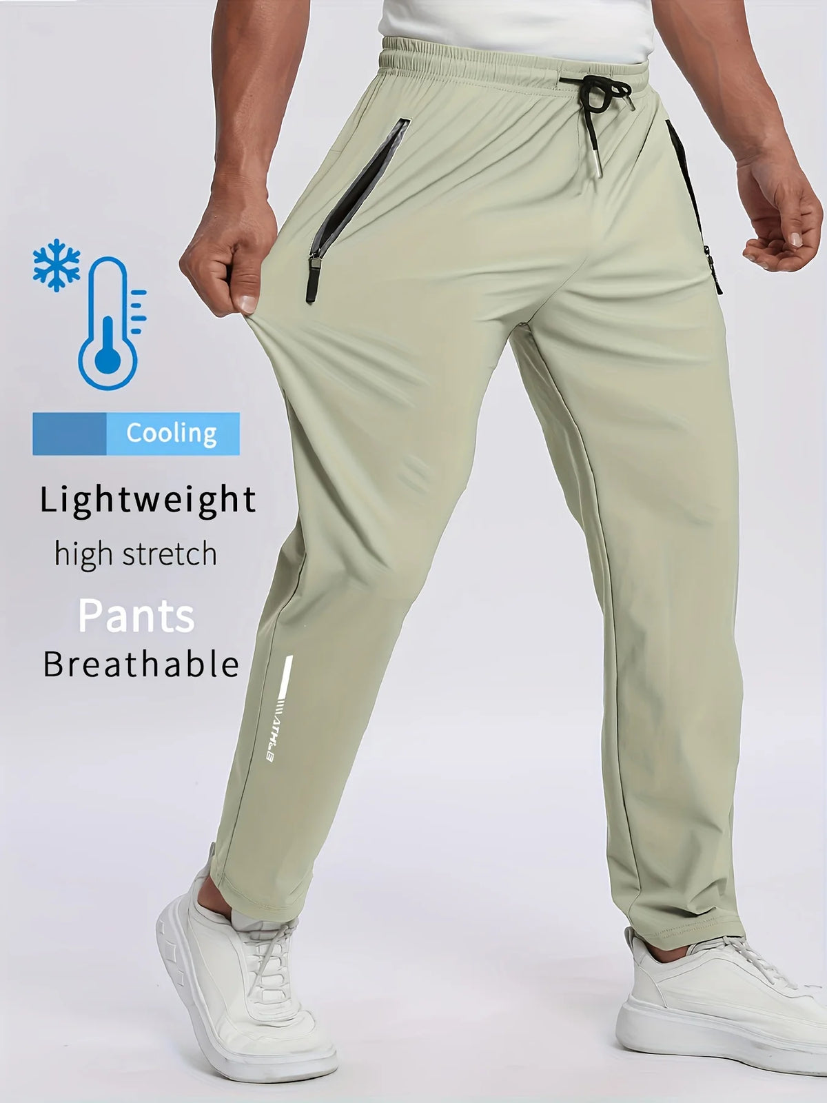 Men Breathable Quick Dry Sports Pants, Moisture Wicking Trousers with Reflective Print, Drawstring Pockets & Zipper Details, Outdoor Fitness Gym Casual Street Wear