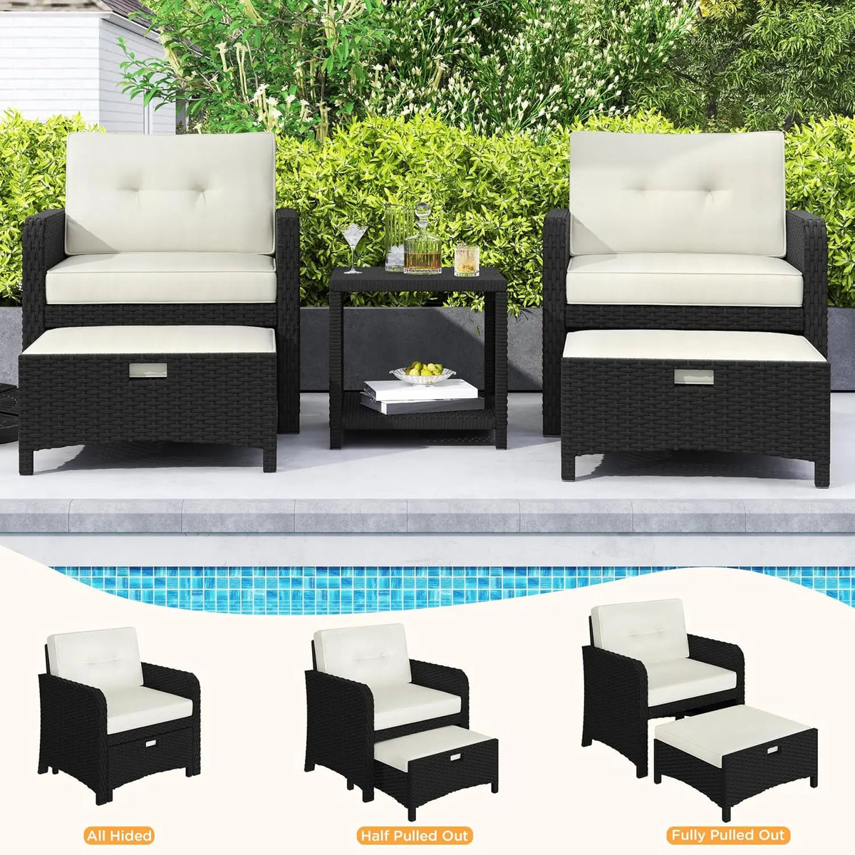 5 Piece Patio Conversation Set with Ottomans, PE Wicker Balcony Furniture, Rattan Lounge Sofa with Cushions & Pillows,, Custom