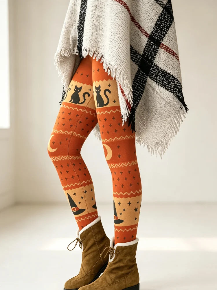 Women's Halloween Brushed Leggings with High-Waist Elastic Design for Softness. Featuring an Orange and Black Witch Hat and Moonlight Patchwork Print. Ideal for Daily Casual Wear or Festive Occasions.