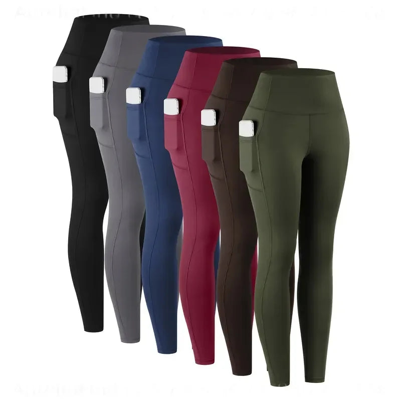 6Pcs Women High‑Waist Leggings With Pockets Soft Stretchy Workout Yoga Pants Tummy‑Control Athletic Running Gym Tights Casual Activewear For Ladies Daily Fitness