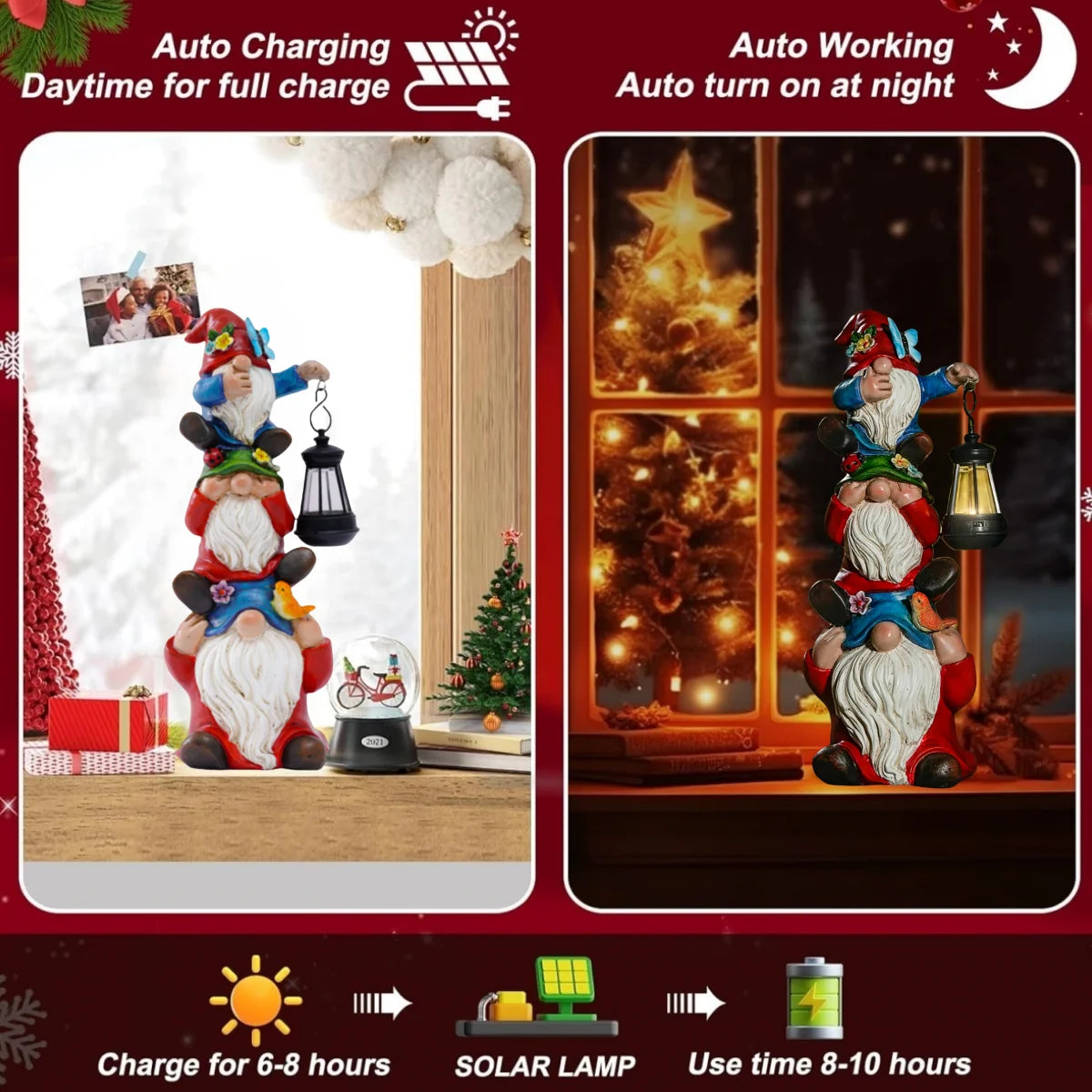 Christmas Outdoor Garden Solar Statue Lights Resin Triple Stack Elf Gnome Statues Funny Outdoor Decor for Patio Lawn Yard