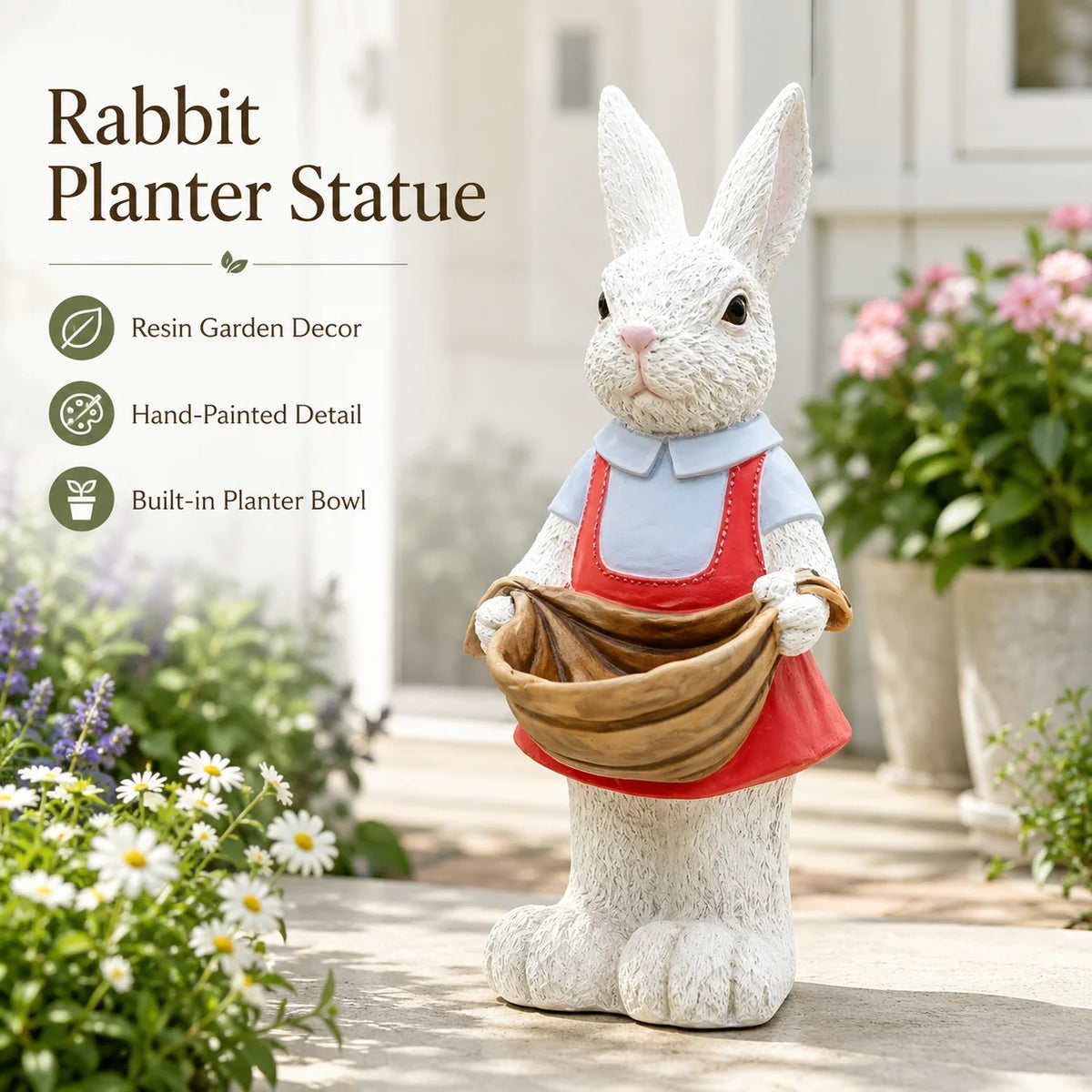 Outdoor Rabbit Garden Statue Bunny Flower Pot Holder Resin Garden Sculpture Patio Yard Lawn Porch Decor Hand Painted Ornament