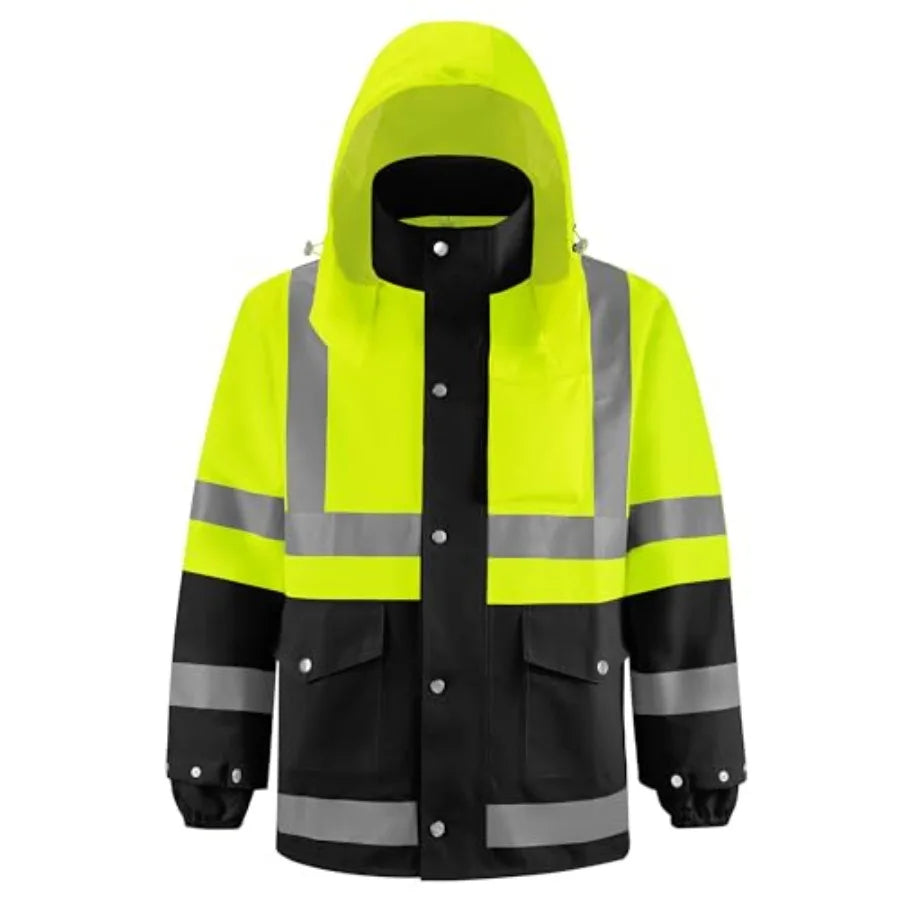 Reflective High Visibility Safety Jacket, Safety Rain Jacket with Hood, Lightweight Workwear for Outdoor Construction
