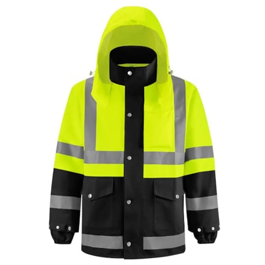 Reflective High Visibility Safety Jacket, Safety Rain Jacket with Hood, Lightweight Workwear for Outdoor Construction