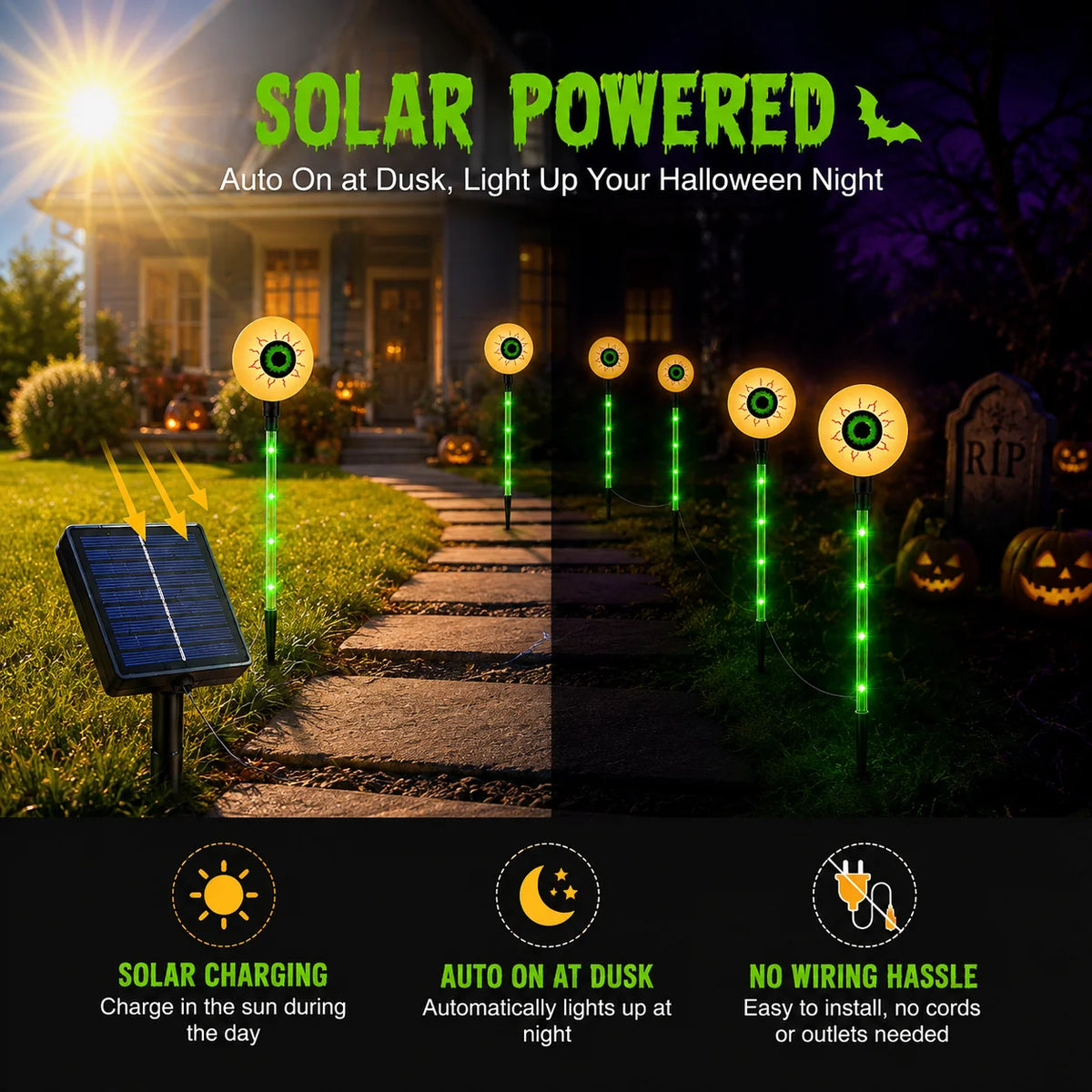 6Pack Halloween Eyeball Lights Solar Garden Decor Outdoor Solar Halloween Eyeball Lights with Glowing Eyes, IP65 Waterproof Design for Outdoor Yard, Garden, Pathway and Party Decor.