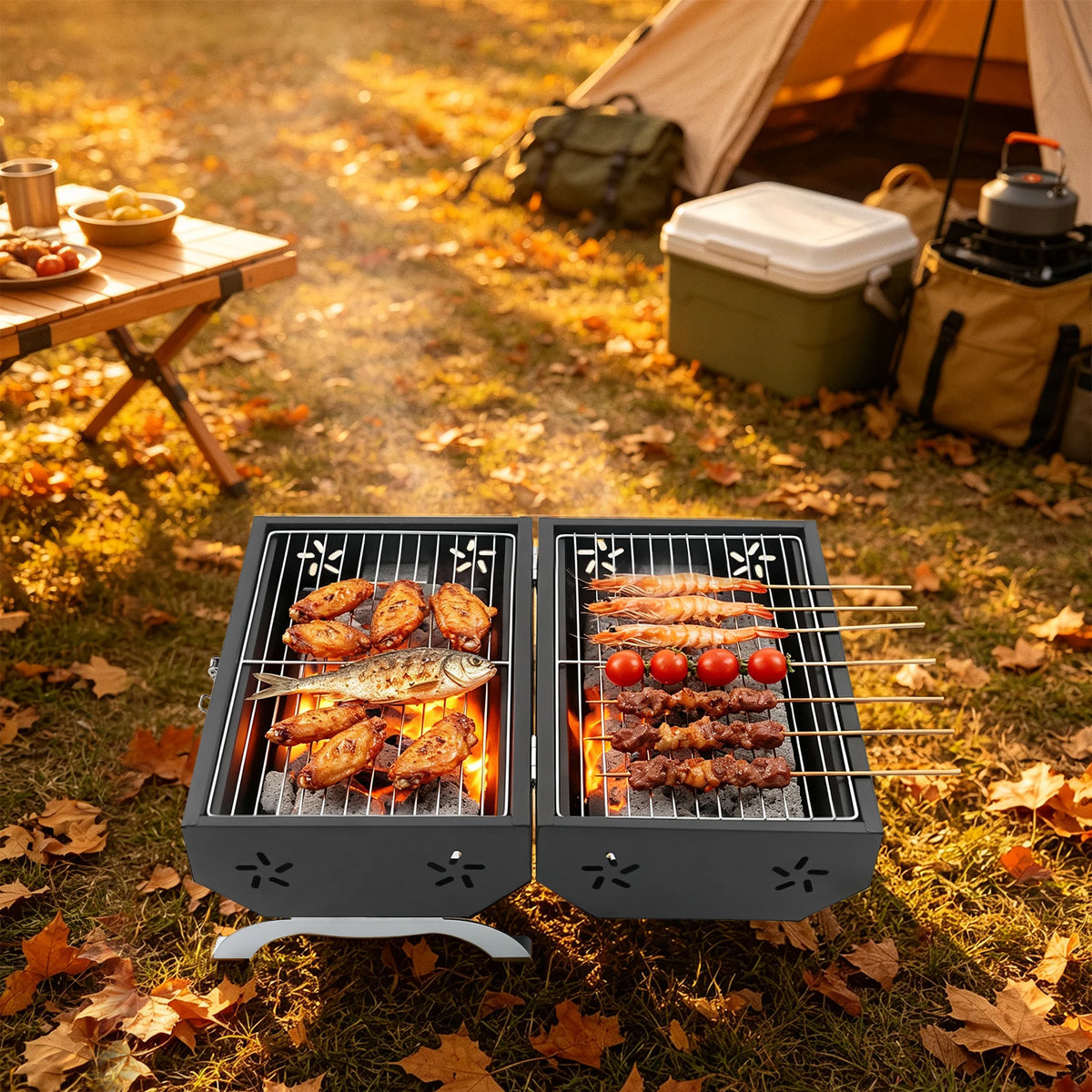 Portable Charcoal Grill, Outdoor BBQ Grill, Folding Charcoal Grill, Double-Sided Carbon Steel, Adjustable Vent Camping Picnic Grill