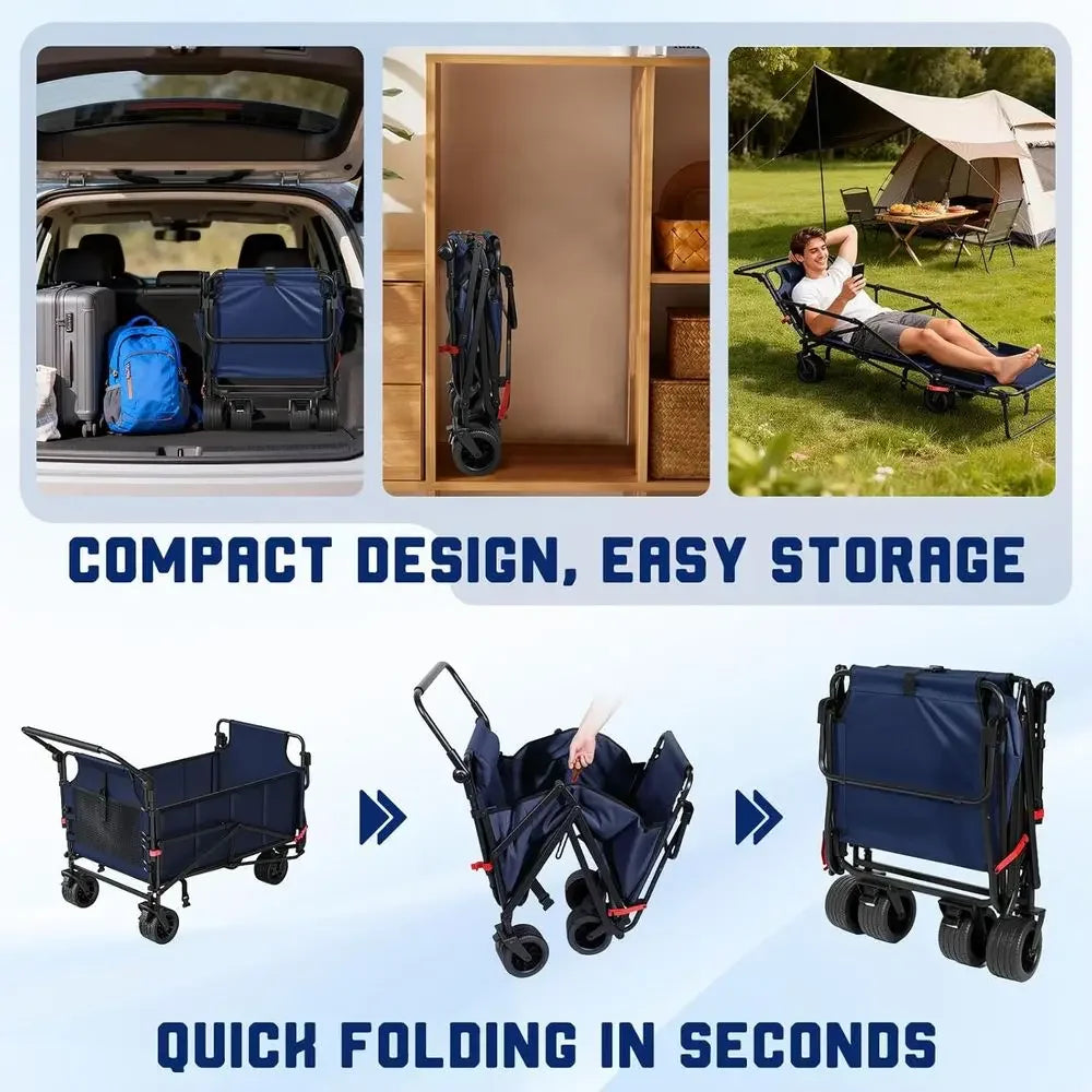 Durable 2-in-1 Collapsible Utility Wagon with 650lb Capacity, All-Terrain Wheels, Brakes, and Side Baskets - Blue