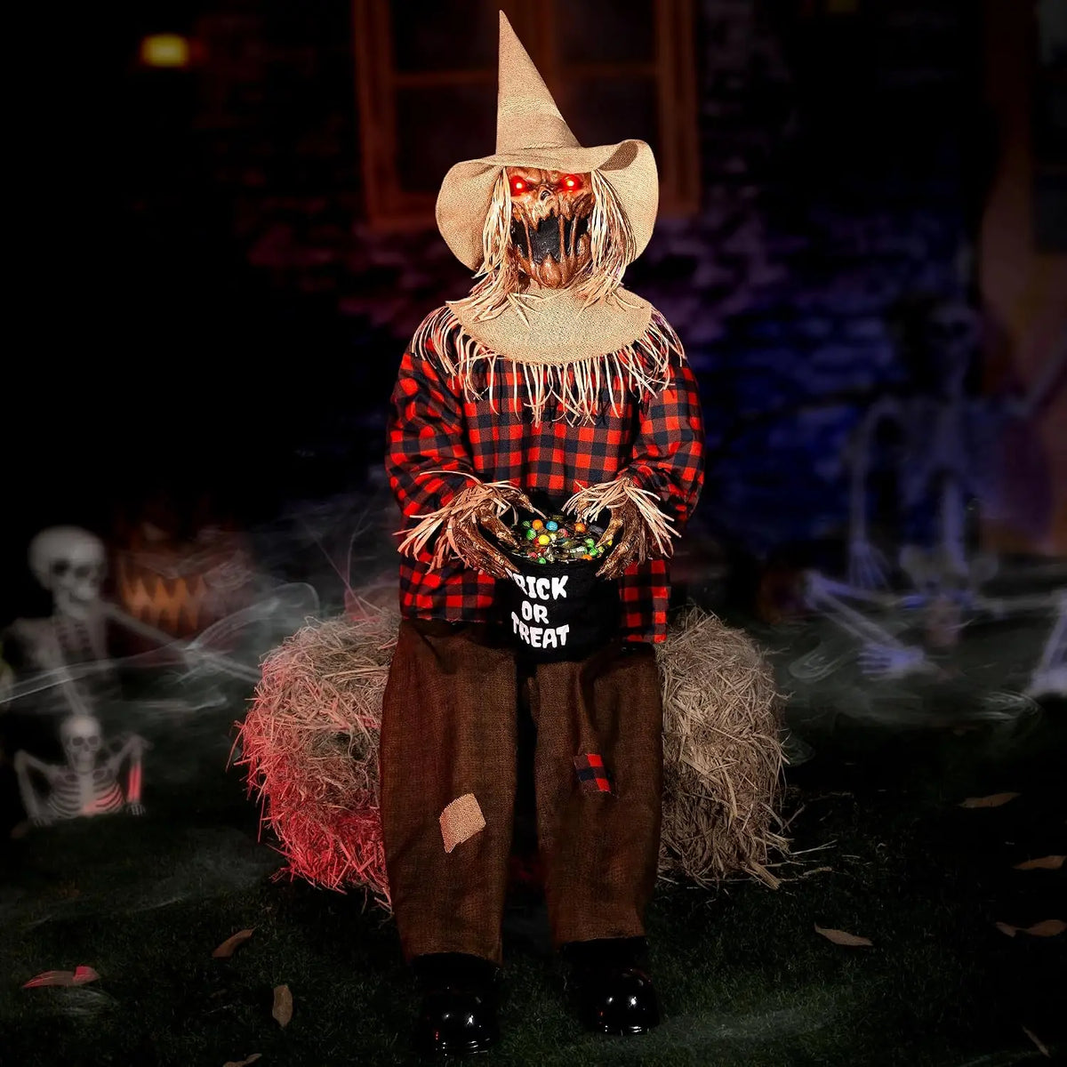 55'' Scary Halloween Animatronic Sitting Scarecrow with Candy Bag, Sound & Motion Activated Jumpscare Prop, Lighted Eyes, Creepy Sounds, Outdoor Haunted House Decoration