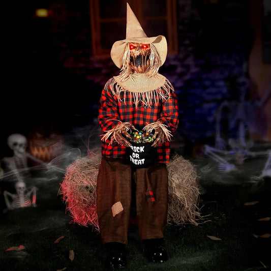 55'' Scary Halloween Animatronic Sitting Scarecrow with Candy Bag, Sound & Motion Activated Jumpscare Prop, Lighted Eyes, Creepy Sounds, Outdoor Haunted House Decoration