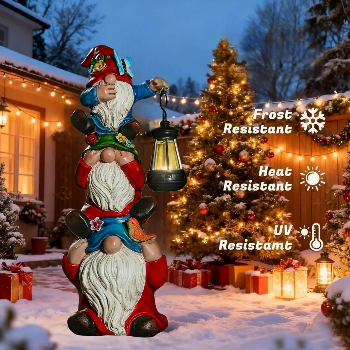 Christmas Outdoor Garden Solar Statue Lights Resin Triple Stack Elf Gnome Statues Funny Outdoor Decor for Patio Lawn Yard
